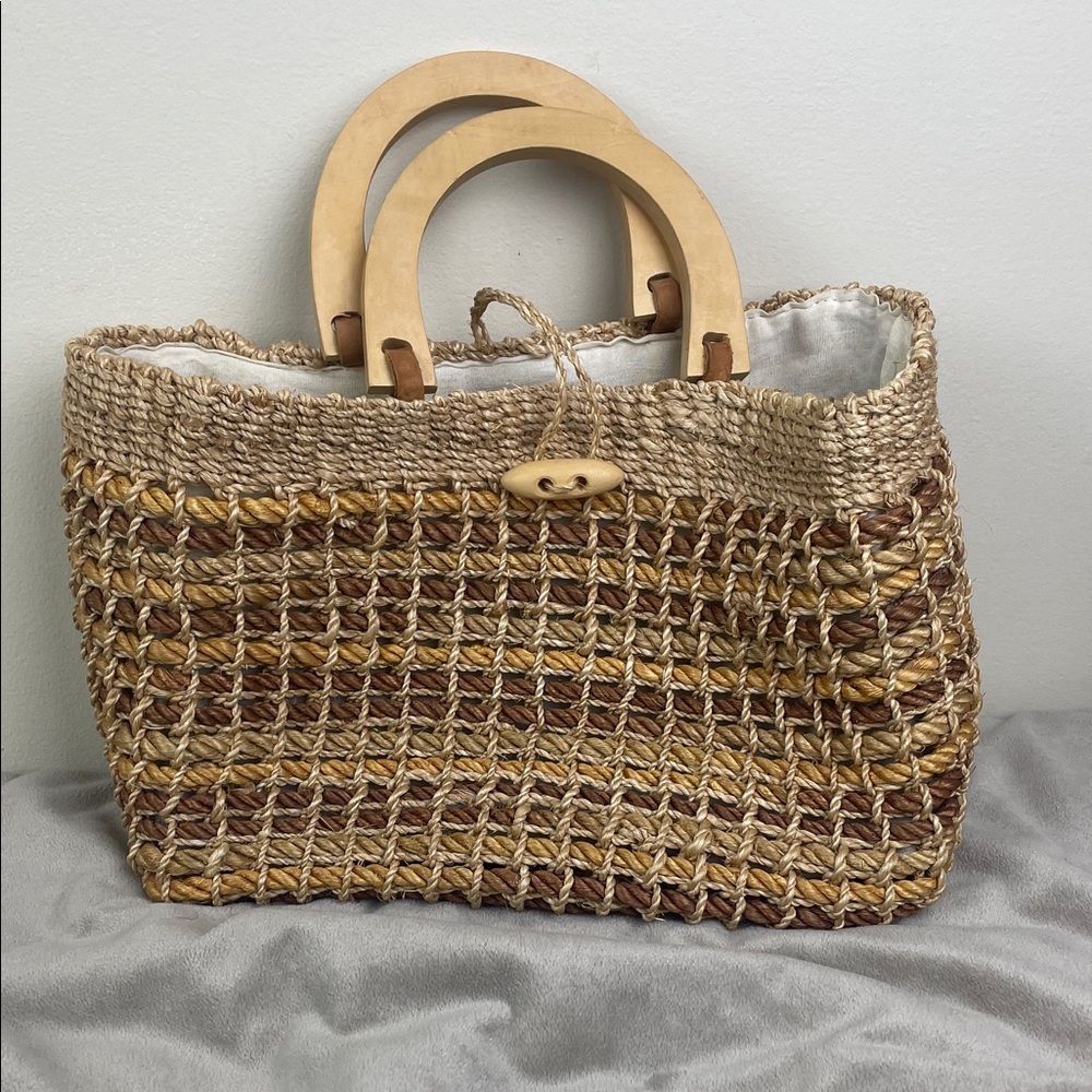 Talbots Wooden Handle Rope Bag - Picture 2 of 16